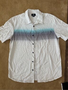 O'Neill Men's White Short Sleeve Button-Down Shirt with Teal and Gray Gradient